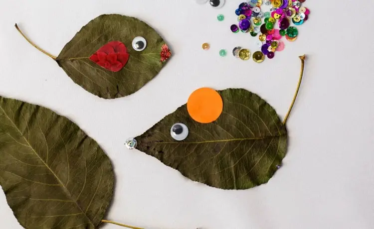 Blätter dekorieren mit Papier, Konfetti und Pailetten für niedliche Mäuse