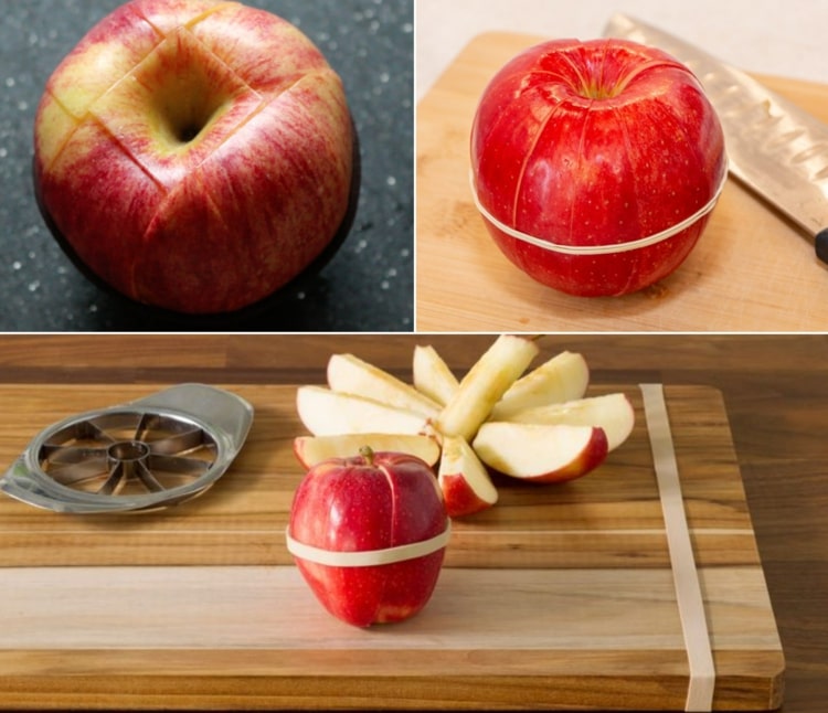 Geschnittenen Apfel wieder zusammenstellen und mit Gummi zusammenbinden