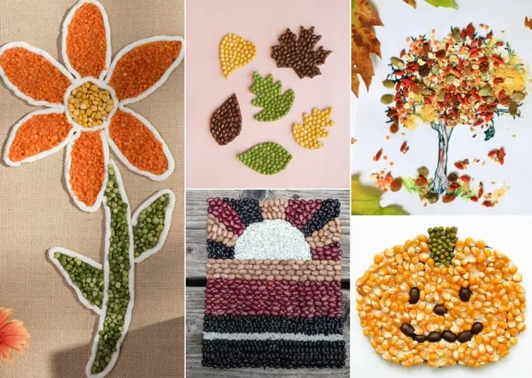 Herbst Bilder für Kinder - Mosaik aus Hülsenfrüchten, Samen, Nüssen und mehr