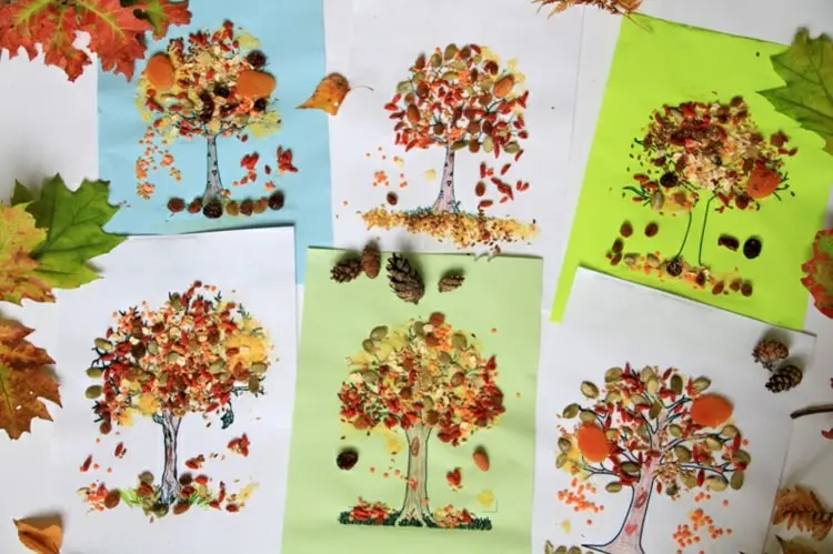 Herbst Bilder für Kinder basteln mit Baum-Vorlage und Baumkrone aus Hülsenfrüchten und Nüssen