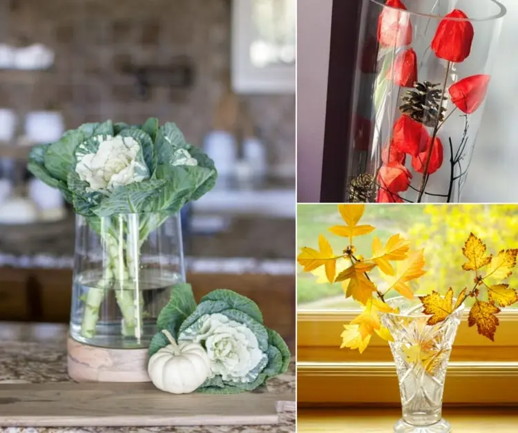 Herbst Deko mit Glasvase - Dekorieren mit Kohl, Laubblättern und Lampionblumen