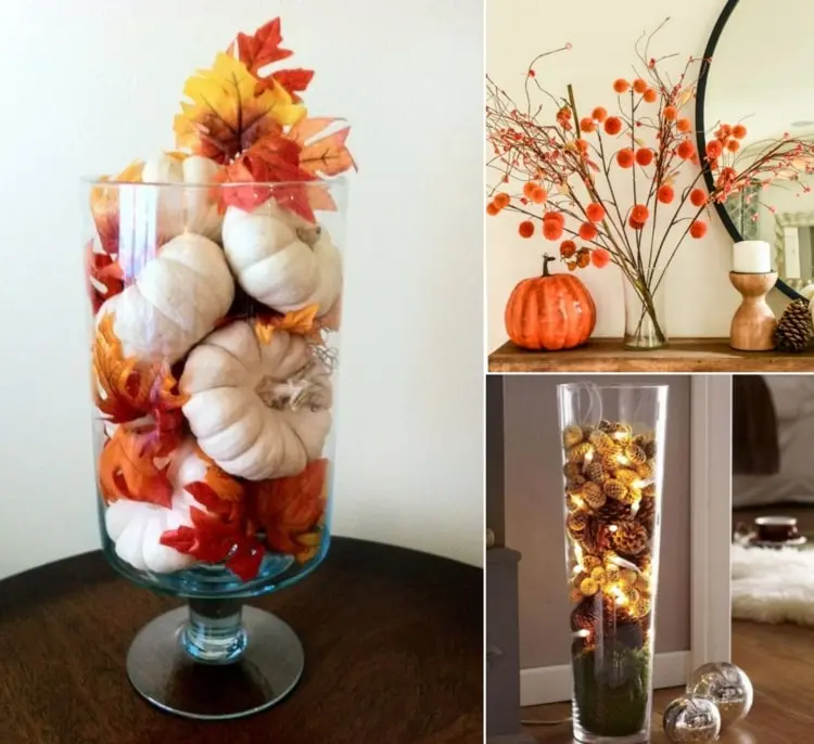 Herbst Deko mit Glasvase für Tisch oder Boden mit Kürbissen, Lichterketten und Bommeln