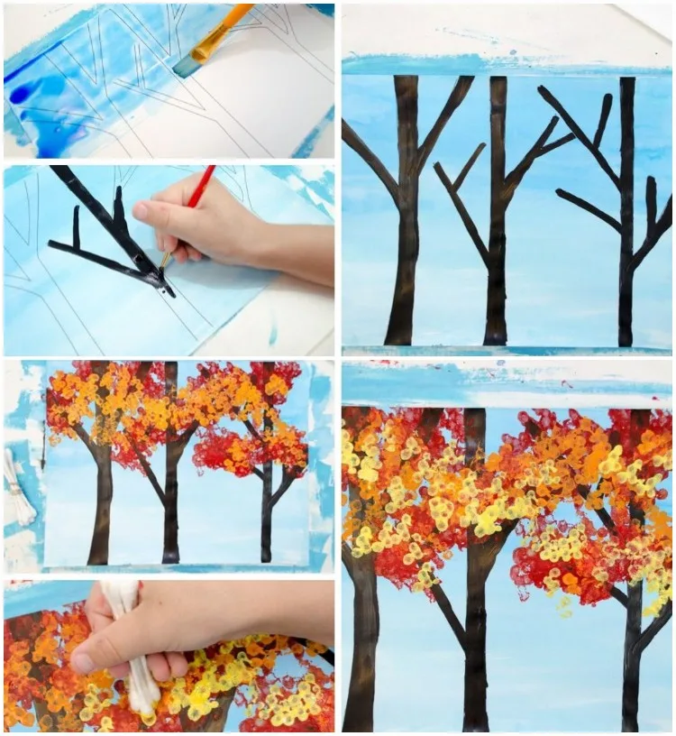 Herbstbild mit Kindern malen kreative Idee mit Wattestäbchen