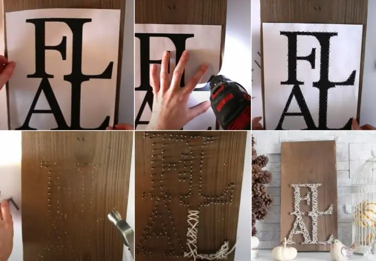 Herbstdeko aus Holz, Nägeln und Garn - Schriftzug selber machen