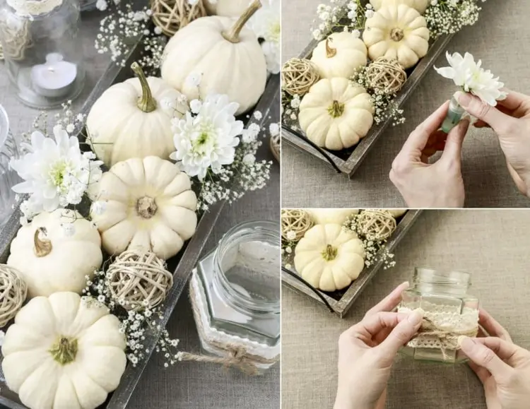 Herbstdeko für den Tisch selber machen auf einem Tablett mit weißen Kürbissen