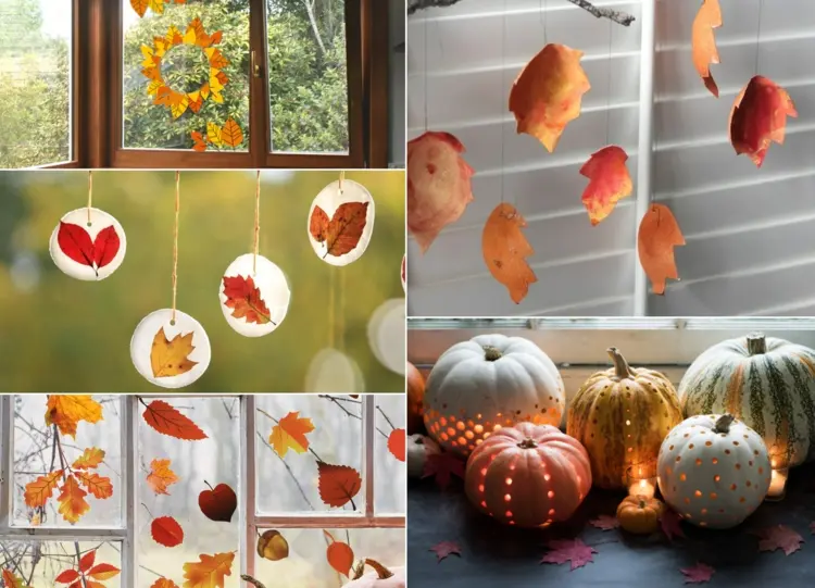 Herbstdeko fürs Fenster basteln mit Blättern und Kürbissen