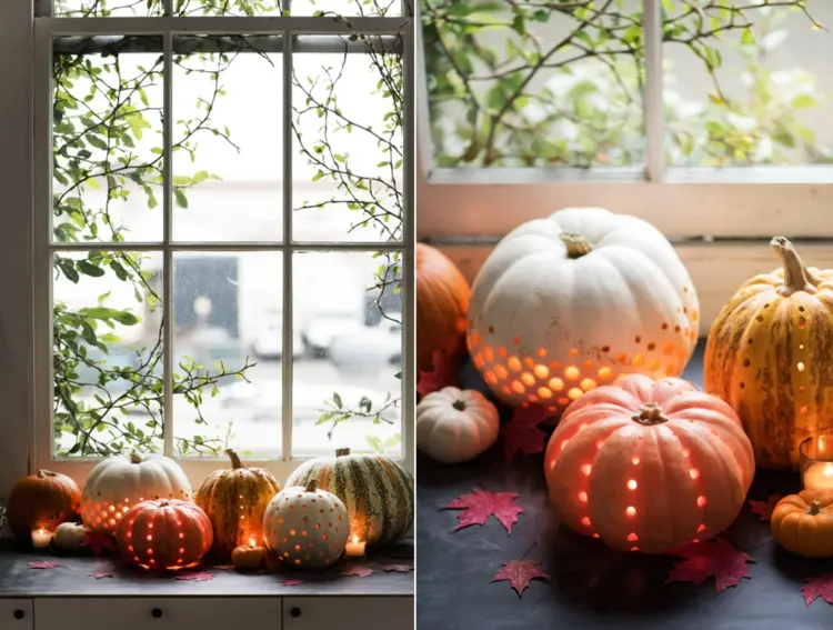 Herbstdeko fürs Fenster basteln mit Kürbissen - Mit Bohrer perforieren für Laternen