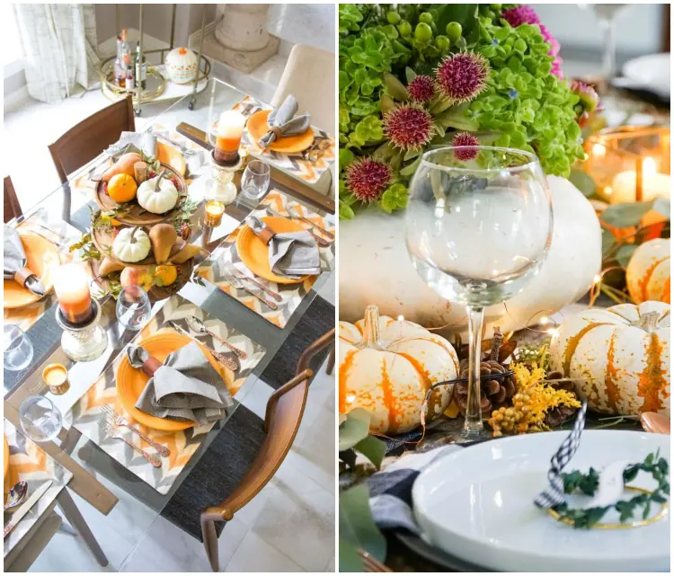 Herbstdeko für Erntedankfest mit Zierkürbissen den Tisch festlich dekorieren