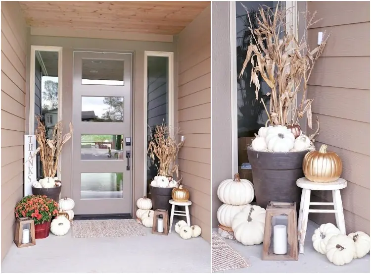 Herbstdeko für Hauseingang in Weiß mit Gold-Alkzenten
