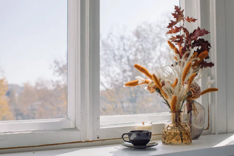 Herbstlaub Blumenstrauß selber machen Fensterbank Deko Herbst