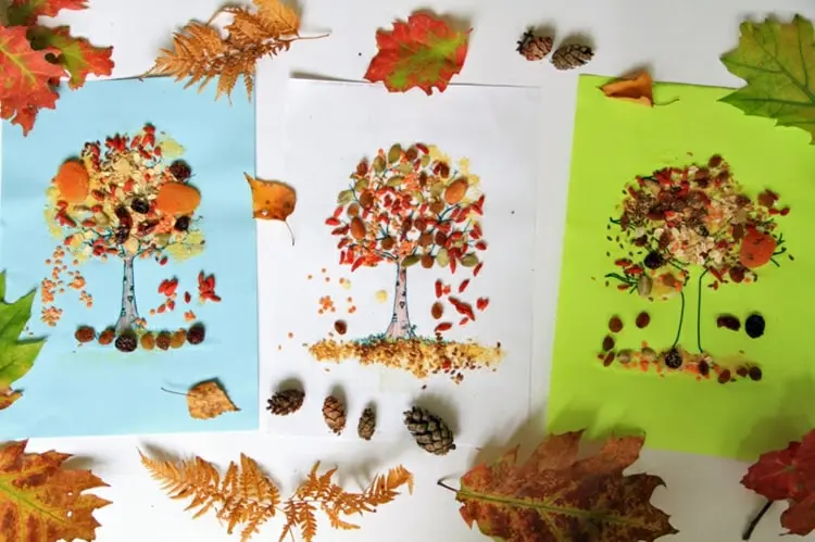 Herbstliche Bäume gestalten mit Naturmaterialien - Kerne, Samen und Rosinen für eine bunte Baumkrone