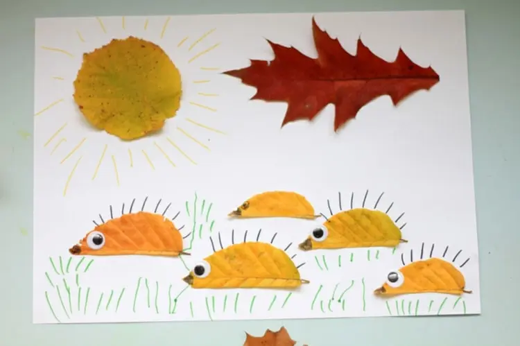 Idee mit Blätter - Bild mit Igeln, Sonne und Wolke aus Blättern