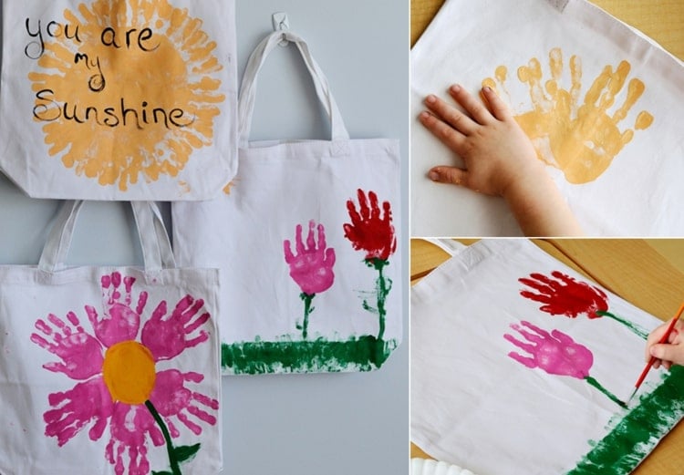 Jutebeutel bemalen mit Kindern - Blumen und Sonne mit Handabdrücken