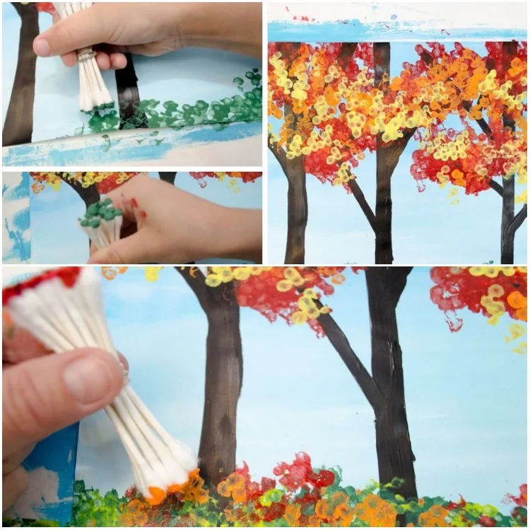 Kreatives Malen für Kinder und Erwachsene Herbstbaum stempeln mit Wattestäbchen