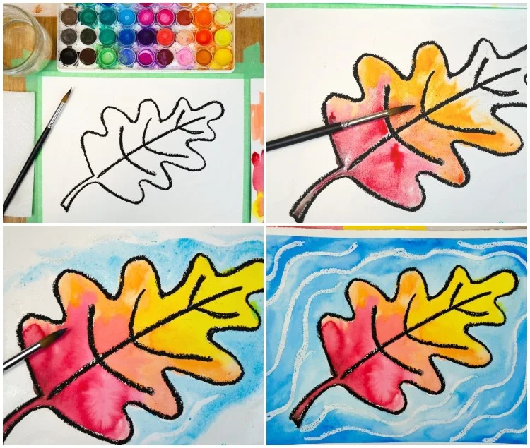 Kreatives Malen für Kinder-und-Erwachsene-Idee-für-Herbstblatt mit Wasserfarben