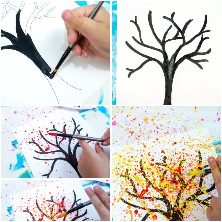 Kreatives Malen mit Kindern Jahreszeiten erklären Herbstlaub tuschen