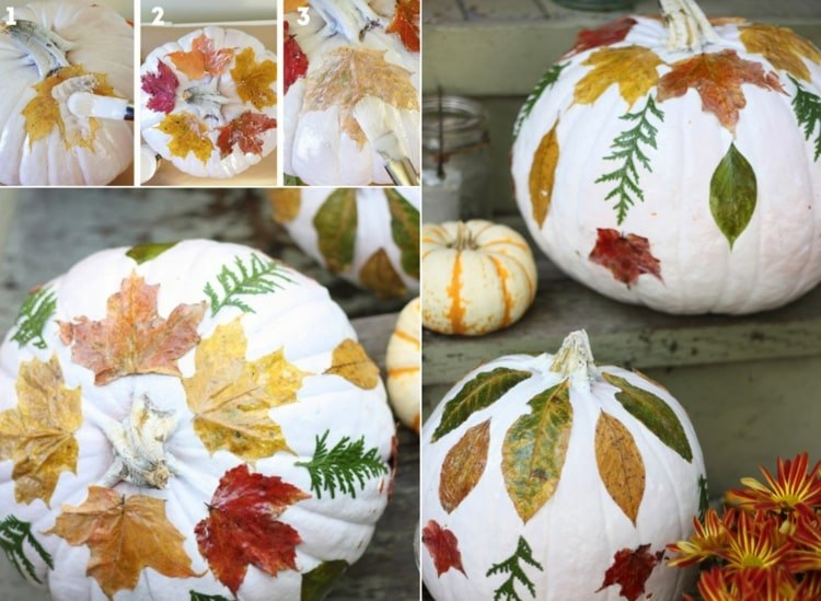 Kürbis weiß malen und mit Decoupage mit Blättern dekorieren