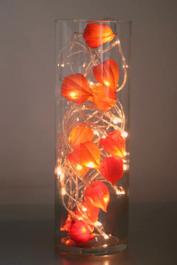 Leuchtende Herbst Deko mit Glasvase - LED Lichterkette und Lampionblume