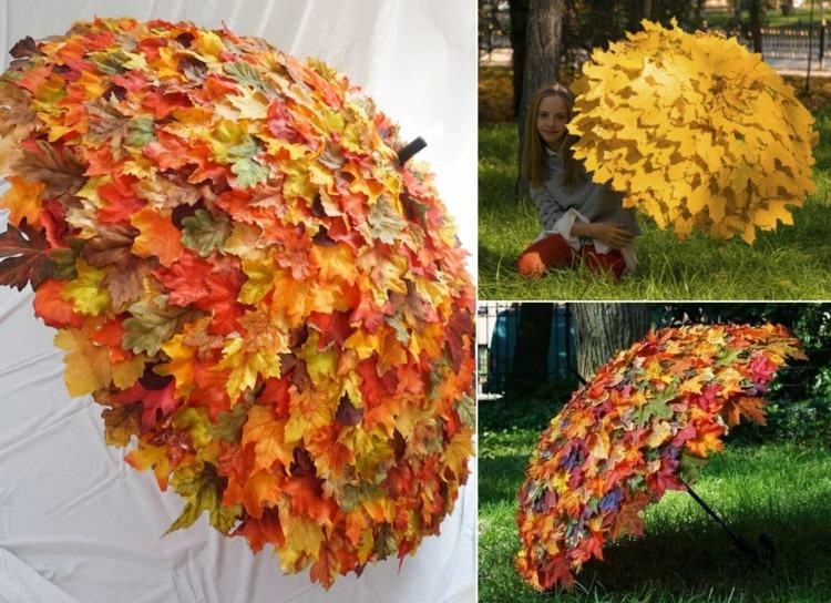 Originellen Schirm als Herbstdeko für den Garten selber machen mit Laubblättern