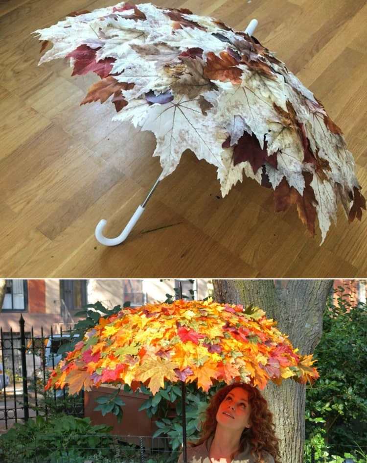 Regenschirm mit bunten Herbstblätter gestalten als Herbstdekoration für draußen