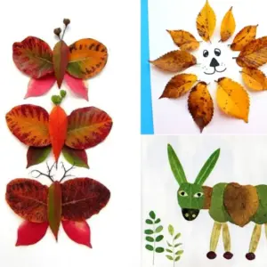 Schöne Tiere aus Blättern selber machen - Rote Schmetterlinge Löwe auf Papier und grüner Esel