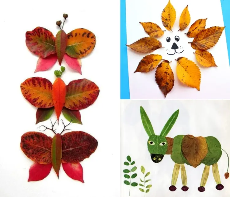 Schöne Tiere aus Blättern selber machen - Rote Schmetterlinge Löwe auf Papier und grüner Esel