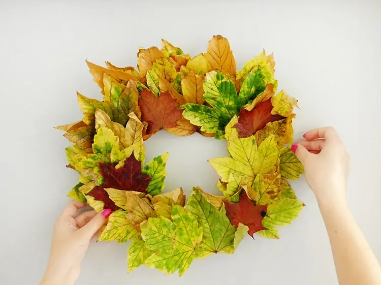 Schönes aus Herbstlaub basteln - Kranz aus Ahornblättern auf einem Pappring