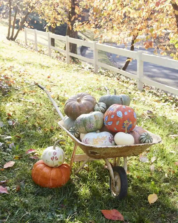 Schubkarre mit dekorierten Kürbissen als Herbstdeko im Garten