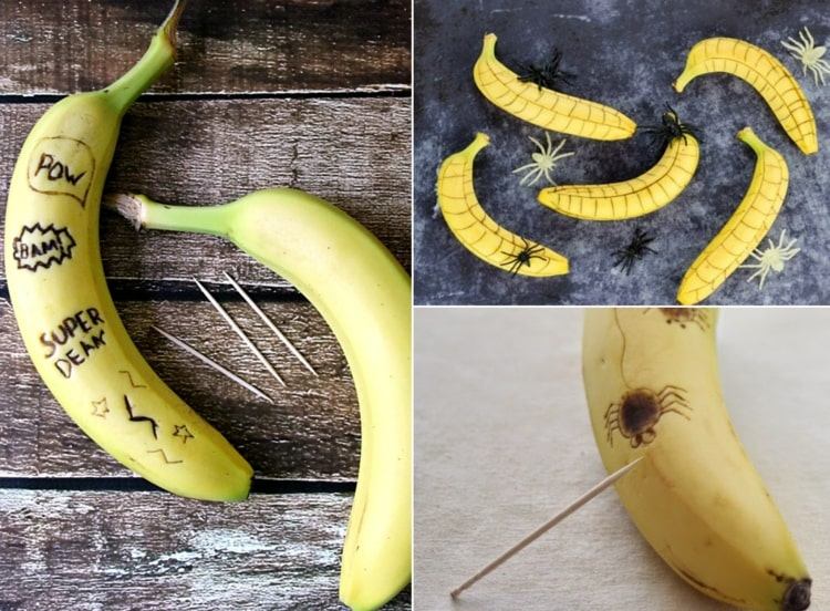 Schulfrühstück Ideen für Bananen - Mit Zahnstocher auf die Schale zeichnen