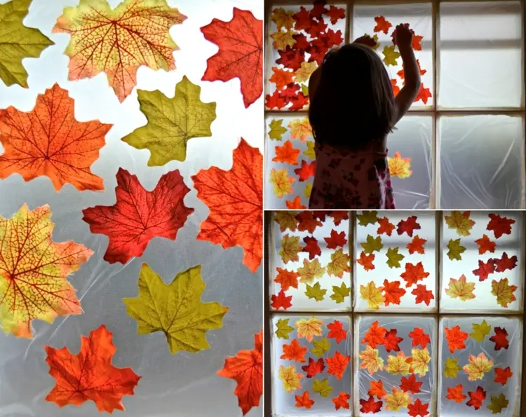 Selbstklebende Folie an die Fensterscheibe kleben und Blätter verteilen