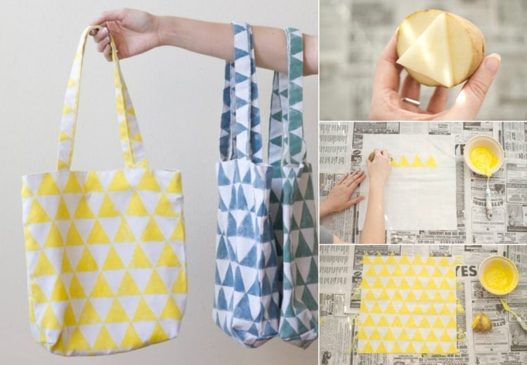 Taschen bemalen - Ideen mit Stempel aus Kartoffeln für Dreiecke aus Acryl