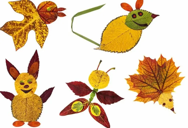Tiere aus Blättern basteln im Herbst mit Kindern - Vogel, Maus, Igel, Schmetterling