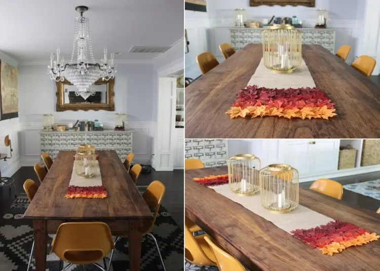 Tischläufer als Herbstdeko für den Tisch basteln mit Laubblättern und Leinen
