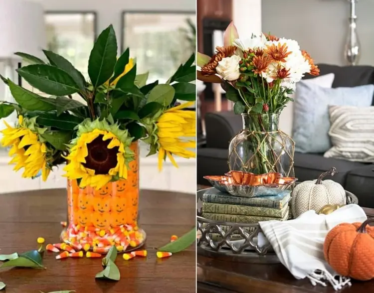 Vasen mit Halloween-Süßigkeiten und Sonnenblumen füllen oder mit frischen Blumen