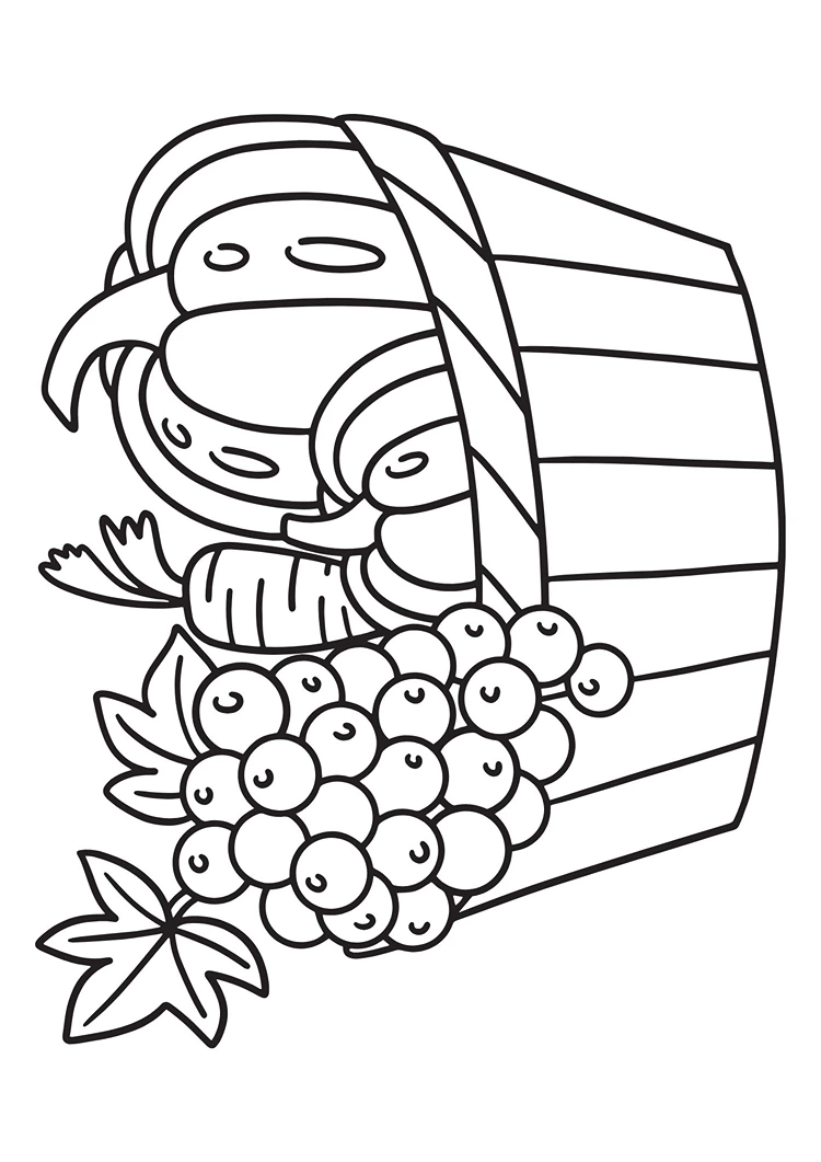 Ausmalbild mit einem Korb mit Obst und Gemüse aus dem Herbst