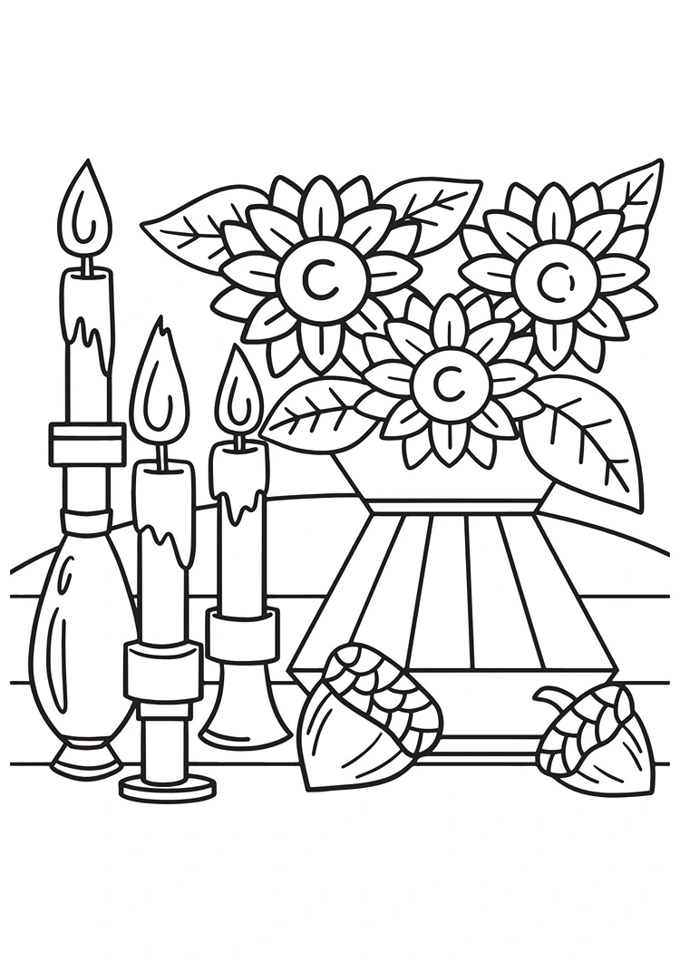 Blumenstrauß aus Herbstblumen, Kerzen und Eicheln zum Ausmalen