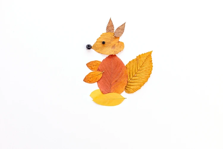 Eichhörnchen mit gelben Blättern für schöne Bilder aus Naturmaterialien