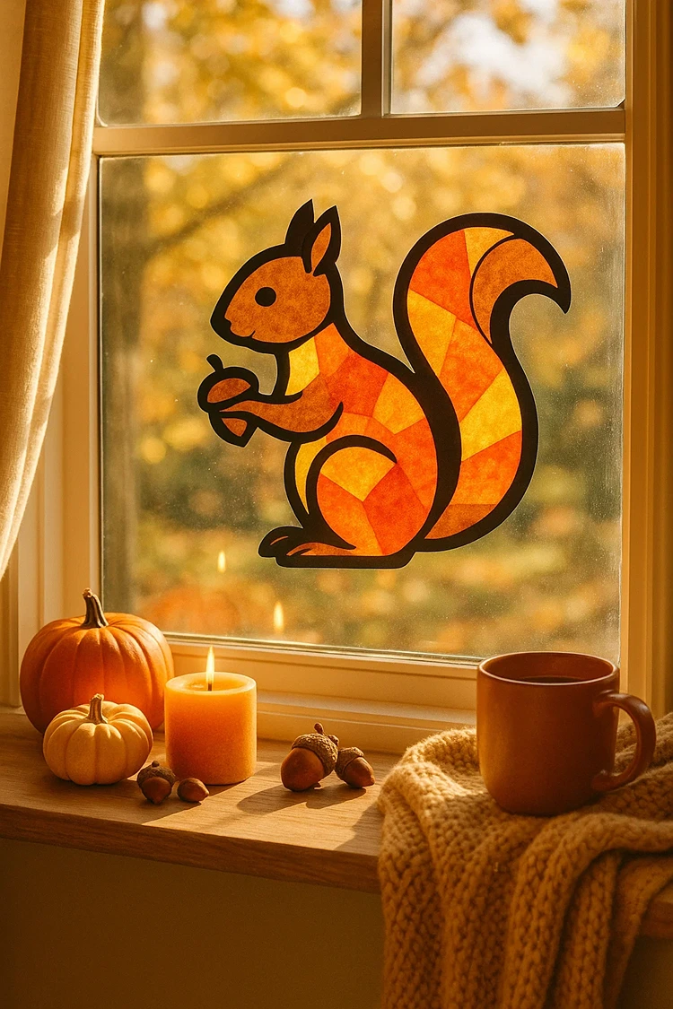 fenster dekorieren herbst eichhörnchen fensterbild