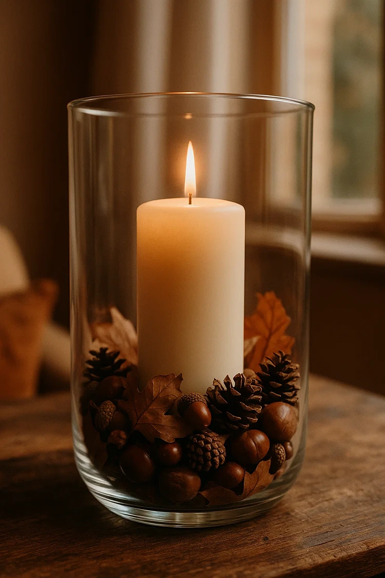 glasvase herbstdeko mit dicker stumpfkerze
