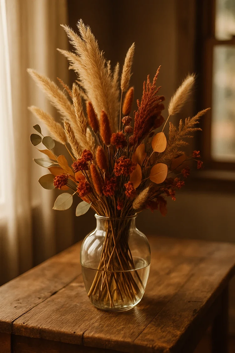 glasvase herbstlich dekorieren mit trockenblumen