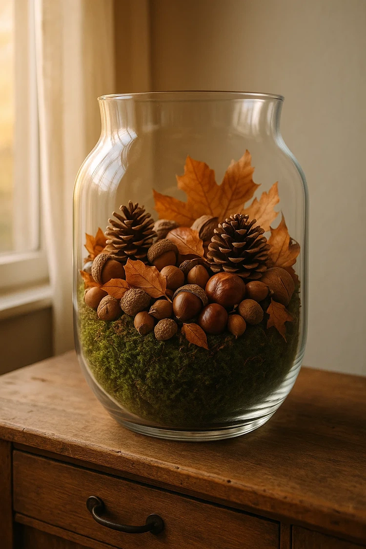 herbstdeko glasvase mit moos und naturmaterialien als bodenschicht