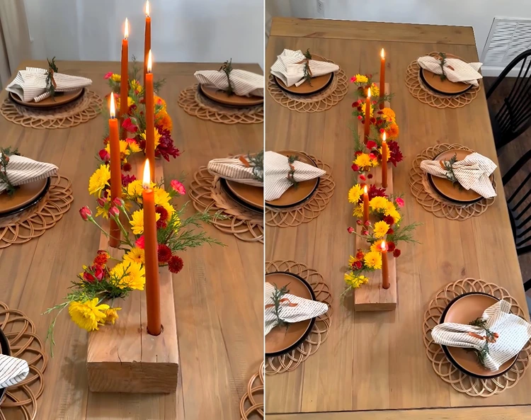 Kerzenständer mit Herbstblumen aus Holzbalken bauen