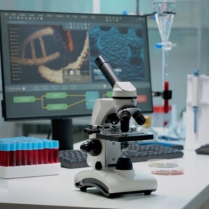 wissenschaftliche analyse der dna unter mikroskop und blutproben in einem labor