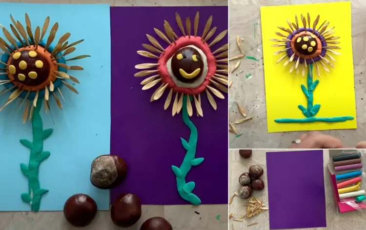 Basteln mit Kastanien für Kleinkinder - Karten mit Blumen aus Kastanie und Knete