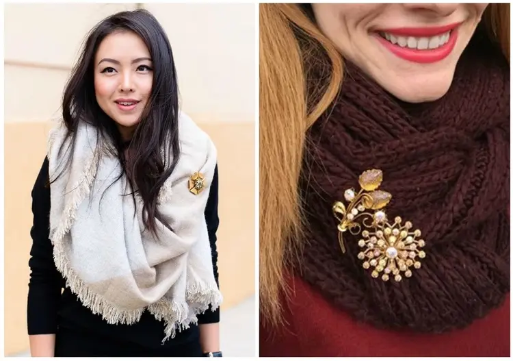 Broschen am Schal tragen im Herbst und Winter