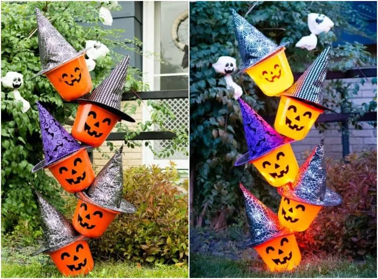 DIY Gartendeko für Halloween leuchtendes Kürbis-Totem