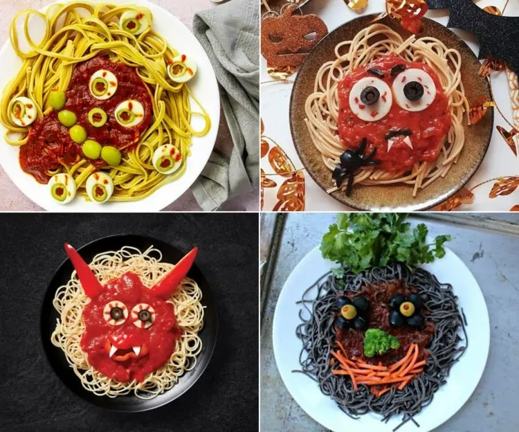 Gesichter als Halloween Spaghetti Idee - Fratzen mit Gemüse machen