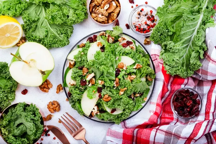 Grünkohl Salat mit Äpfeln und Walnüssen reich an Vitamin K