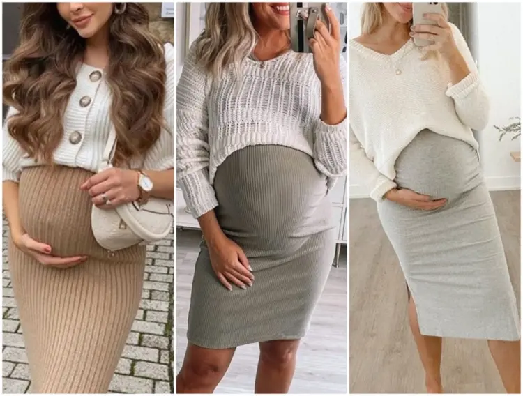 Herbst Outfits für Schwangere mit geripptem Schlauchkleid und Pullover