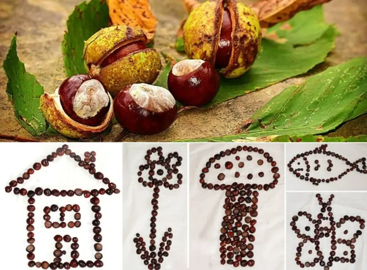 Idee für kleine Kinder mit Naturmaterialien im Herbst - Mosaik-Bilder gestalten